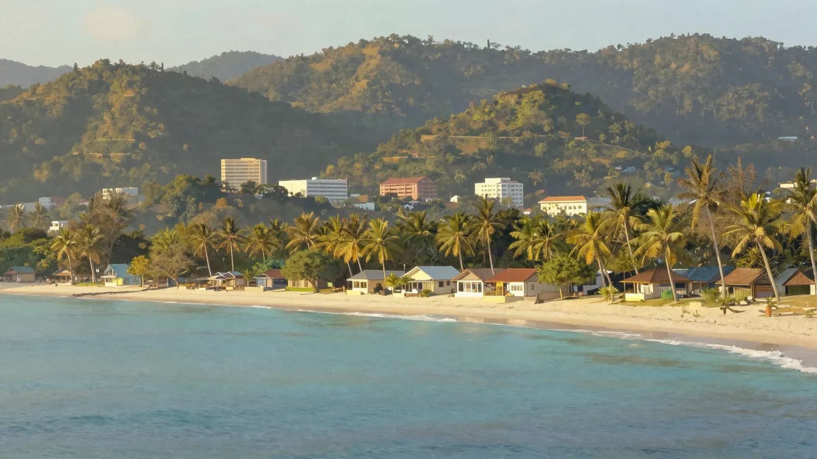 Côte tropicale vue de la mer : maisons basses près de la plage, bâtiments un peu plus hauts sur les collines en arrière
