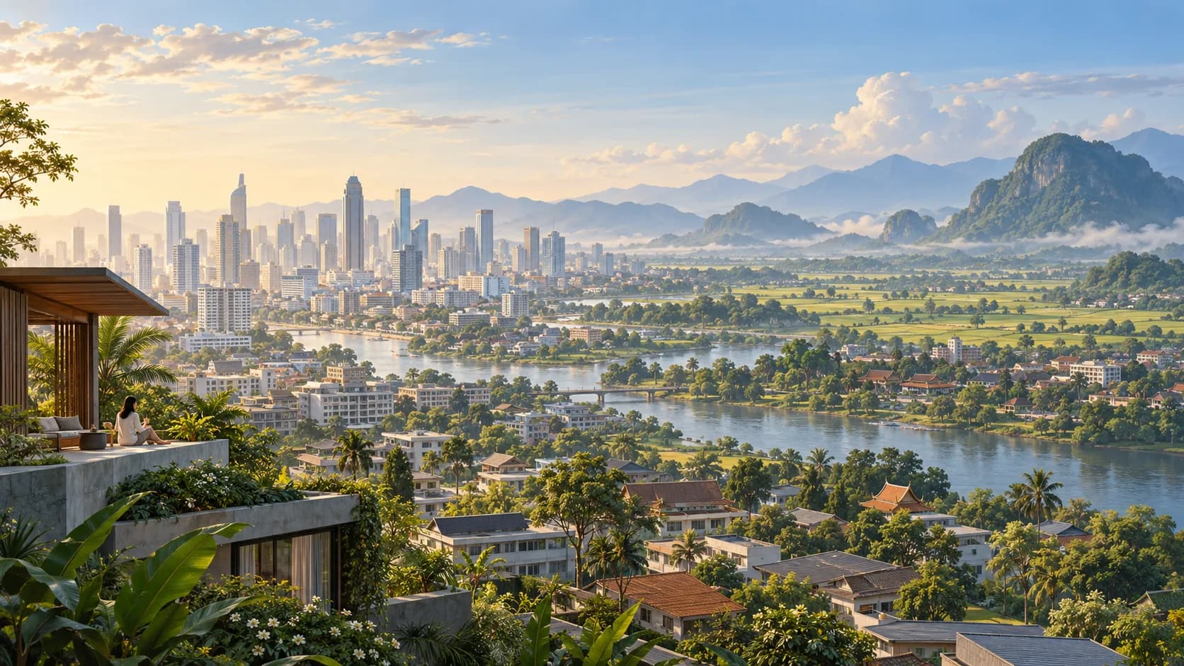 Illustrated composition combining a large city, smaller settlements, fields and mountains.