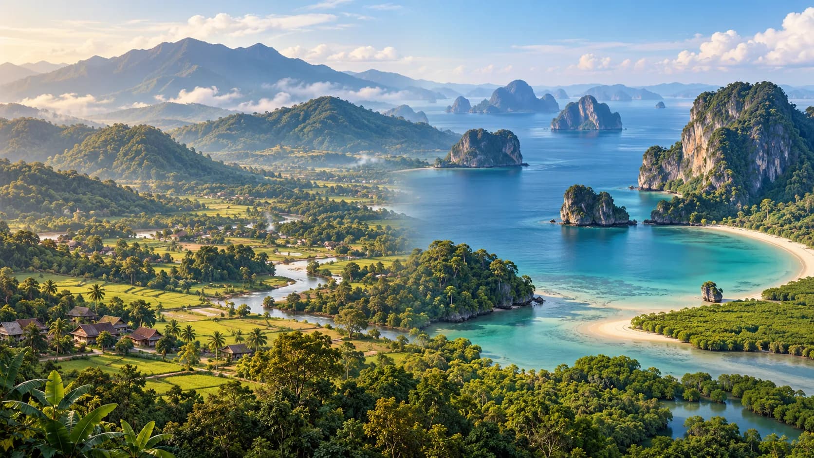 A composition of northern and Andaman coastal landscapes, with no airport or construction site depicted.
