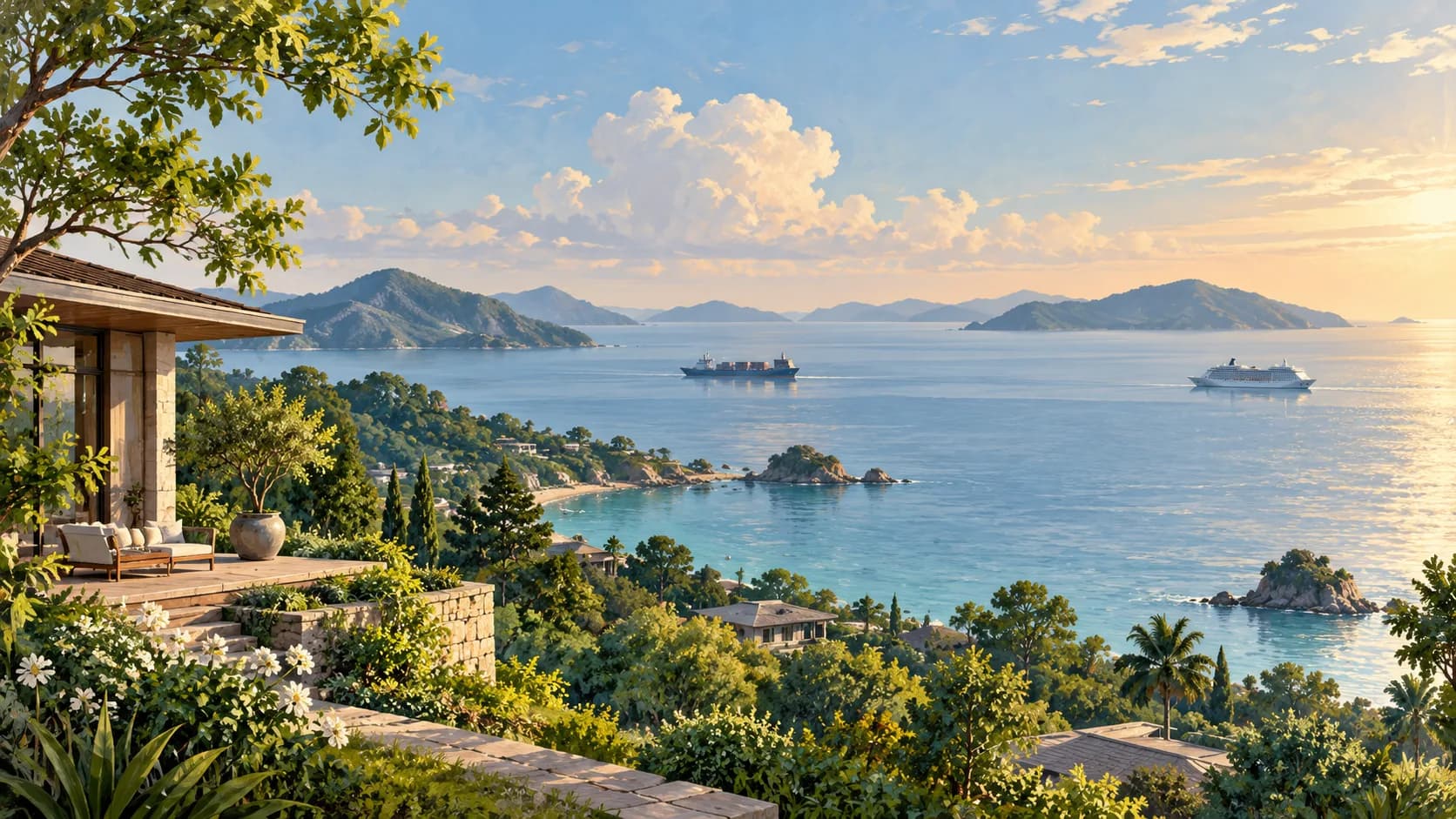 Paysage côtier illustré avec habitat, navire de fret et navire de croisière au large.