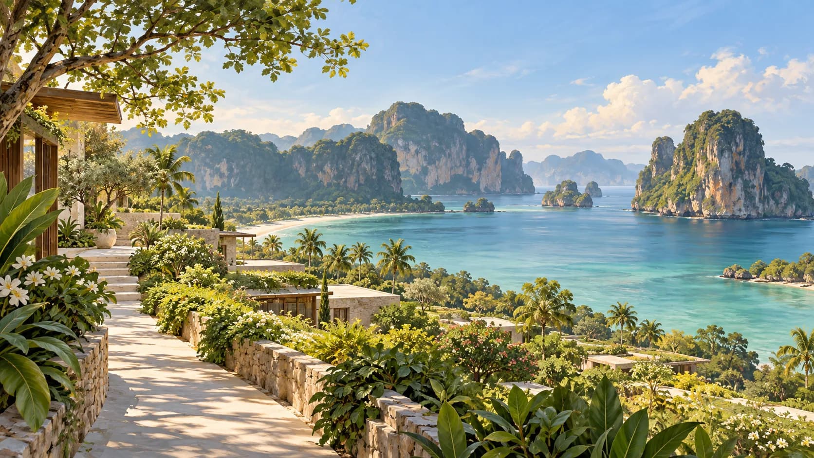Jardin résidentiel et chemin ombragé devant une baie et des reliefs inspirés de l’Andaman.
