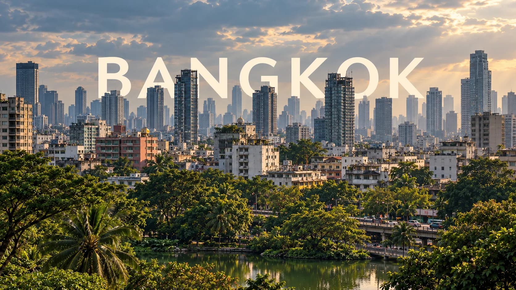 AI生成的写实插图：以曼谷为灵感的城市景观，建筑遮挡了BANGKOK标题的部分字母。