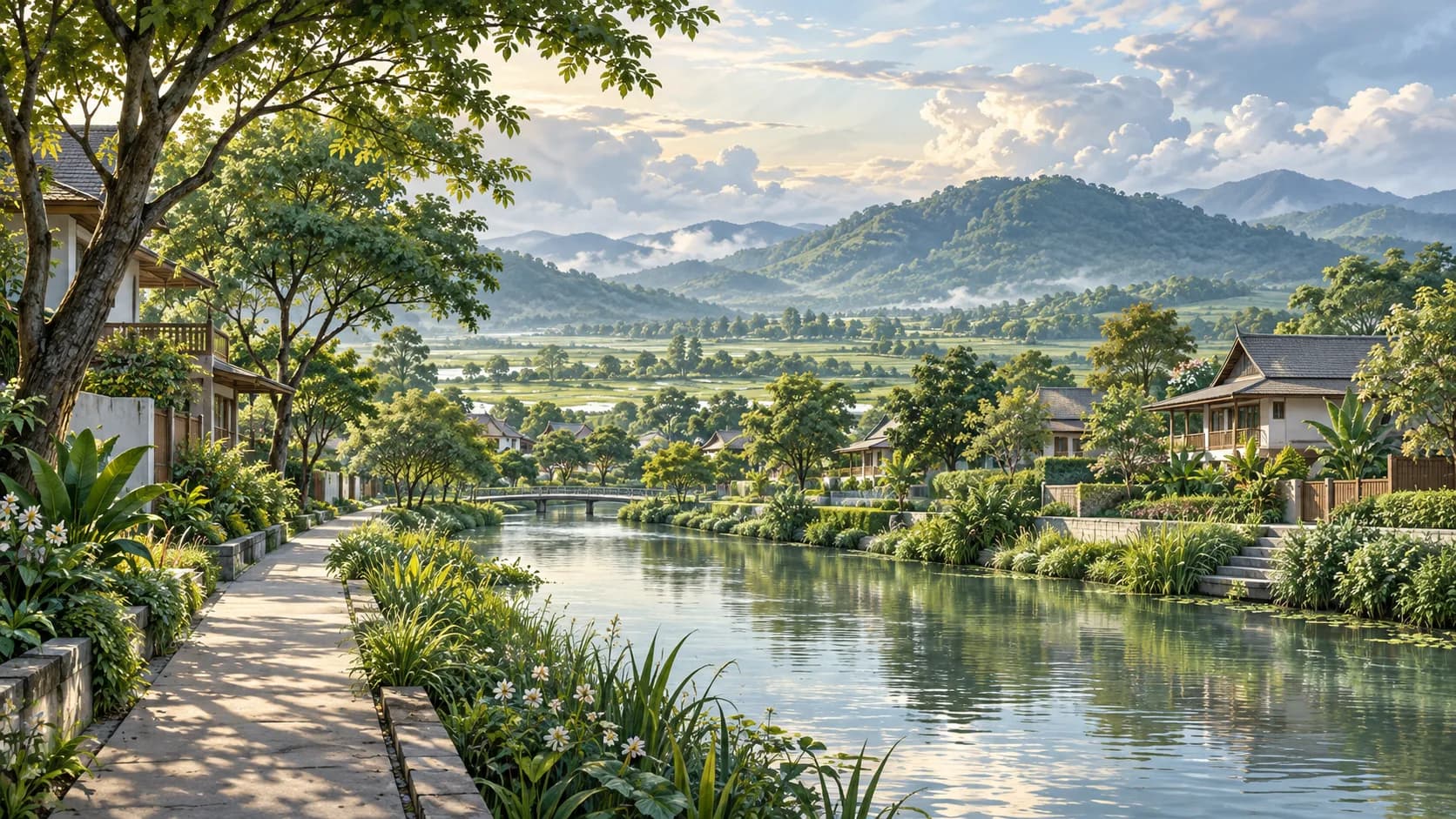 ภูมิทัศน์ที่อยู่อาศัยเชิงแนวคิด มีคลอง ทางเดินร่มรื่น และเนินเขาป่าหลังฝน