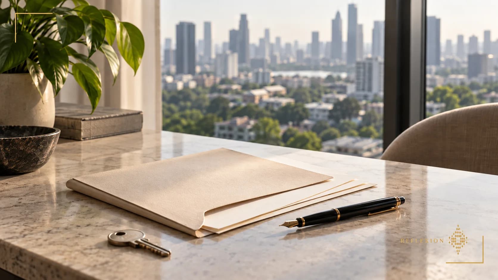 Photorealistic AI-generated illustration: a blank folder, pen and key on a desk, with a blurred city background. Discreet branding: two fine gold corners and a small REflexion signature, without a headline.