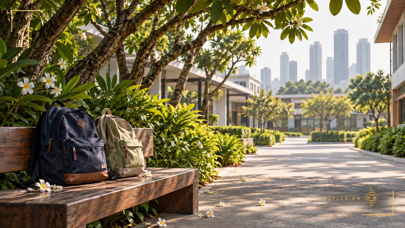 AI-generated illustration: a walkway on a fictional school campus, backpacks on a bench and blurred towers behind. Discreet branding: two fine gold corners and a small REflexion signature, without a headline.