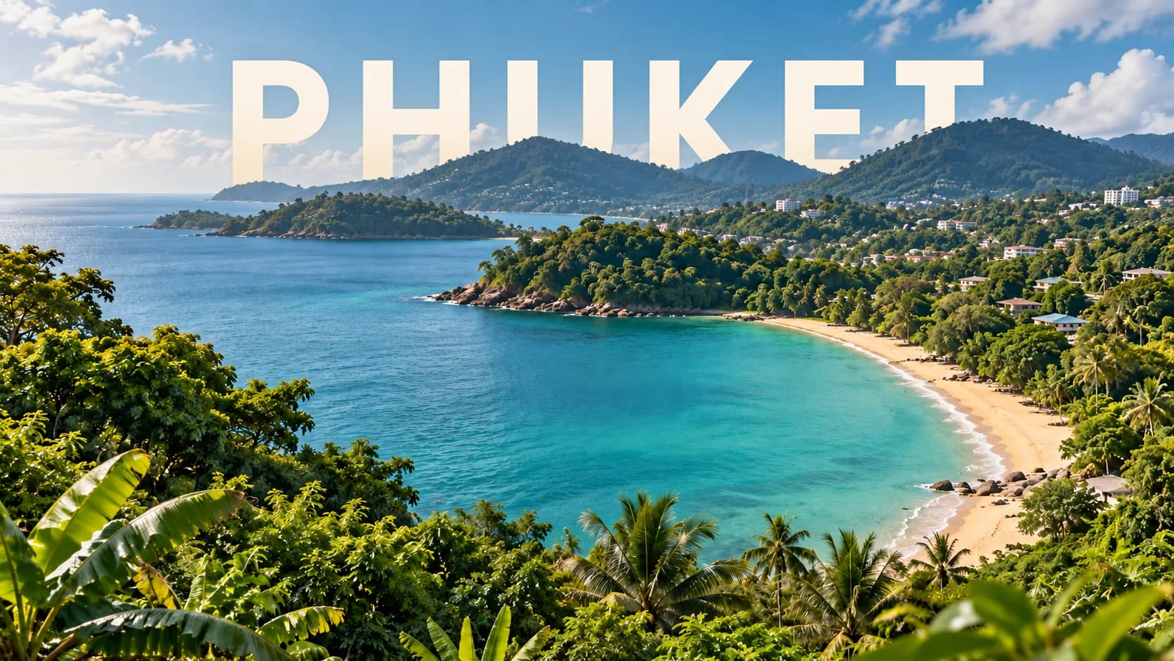 Illustration générée au rendu photographique : baie inspirée de Phuket, titre PHUKET partiellement masqué par les collines.